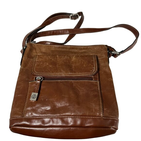 Giani Bernini brown distressed leather multi compartment crossbody purse - Picture 1 of 12